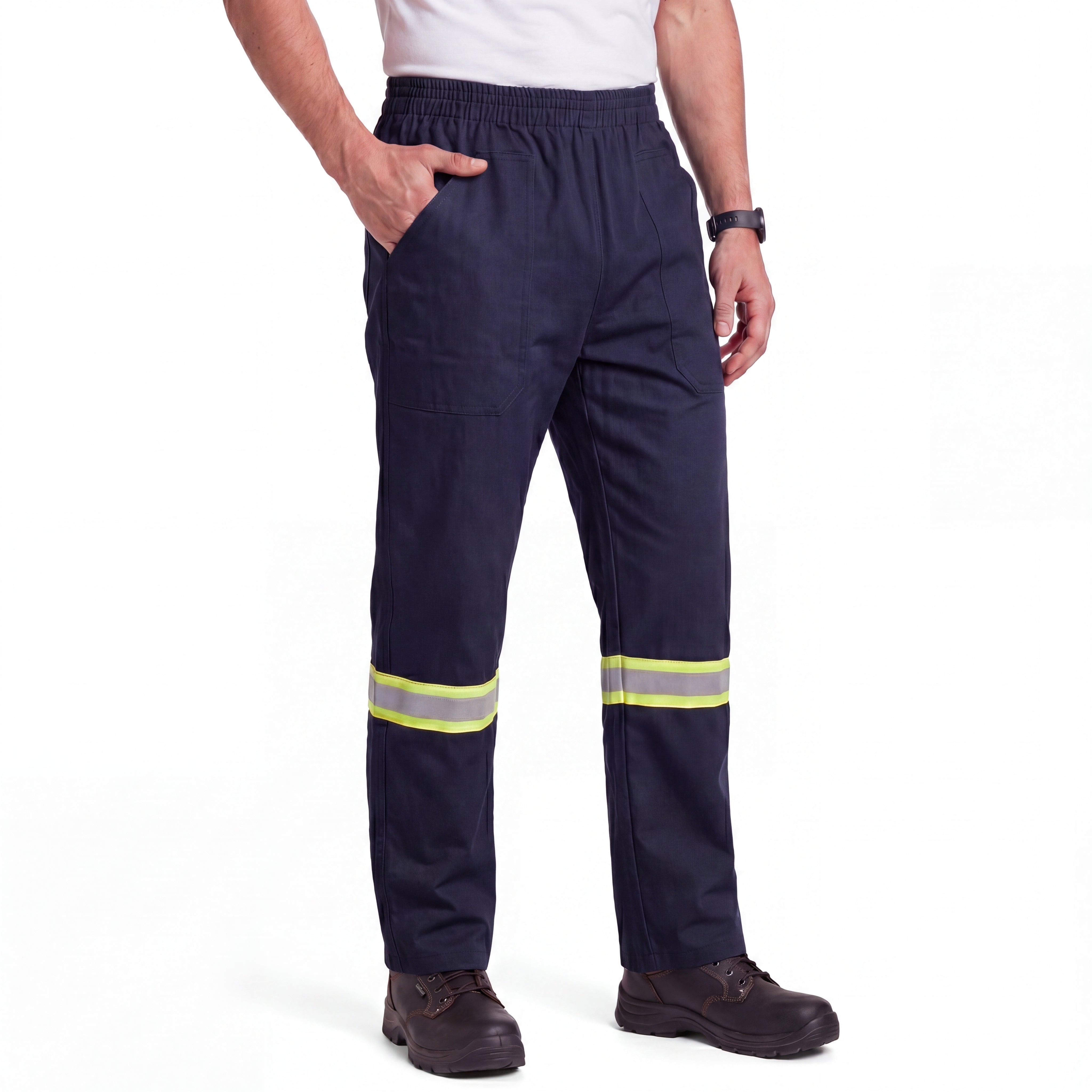 Calça de brim azul marinho com faixa refletiva - Mapa Uniformes