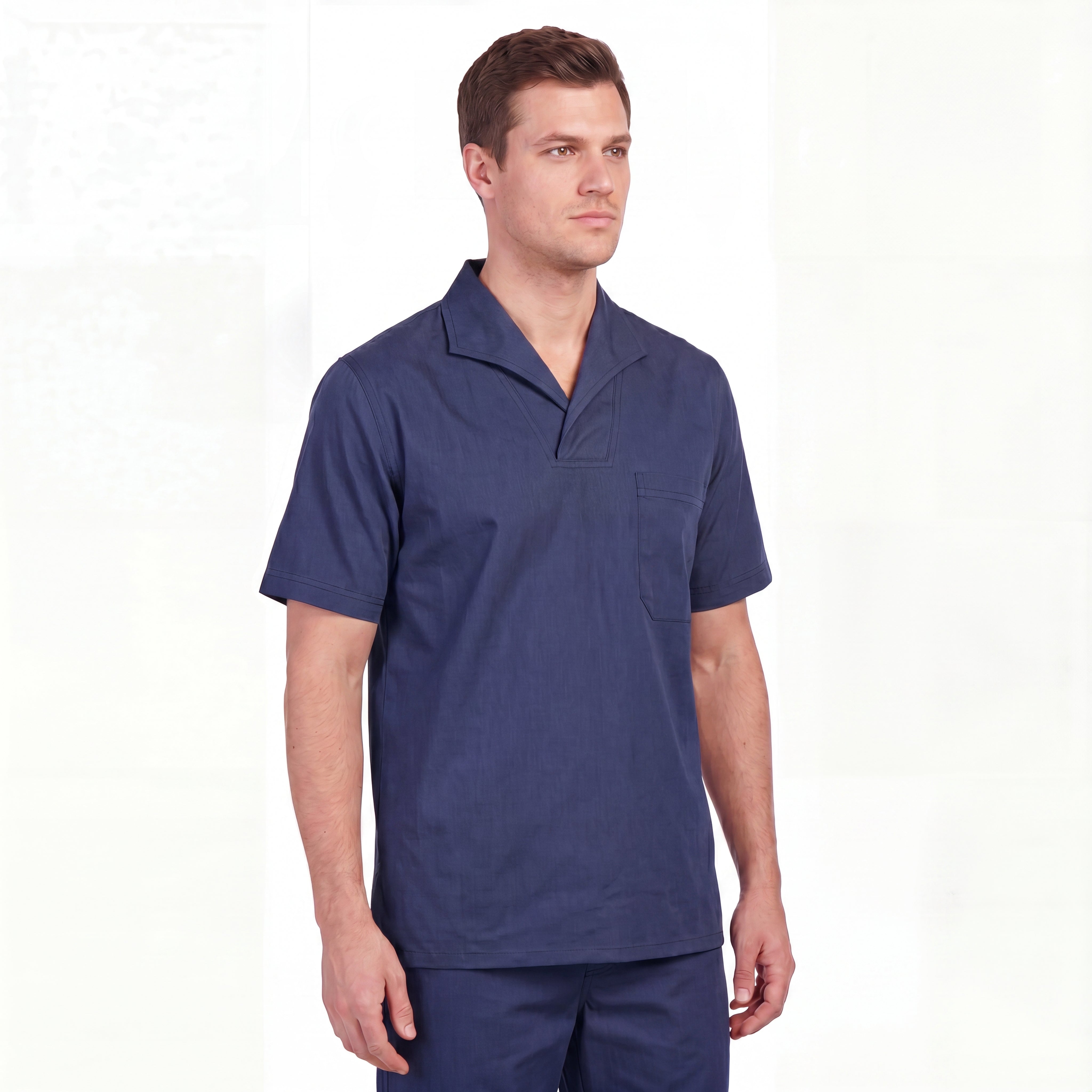 Camisa de brim gola italiana manga curta na cor azul marinho - Mapa Uniformes
