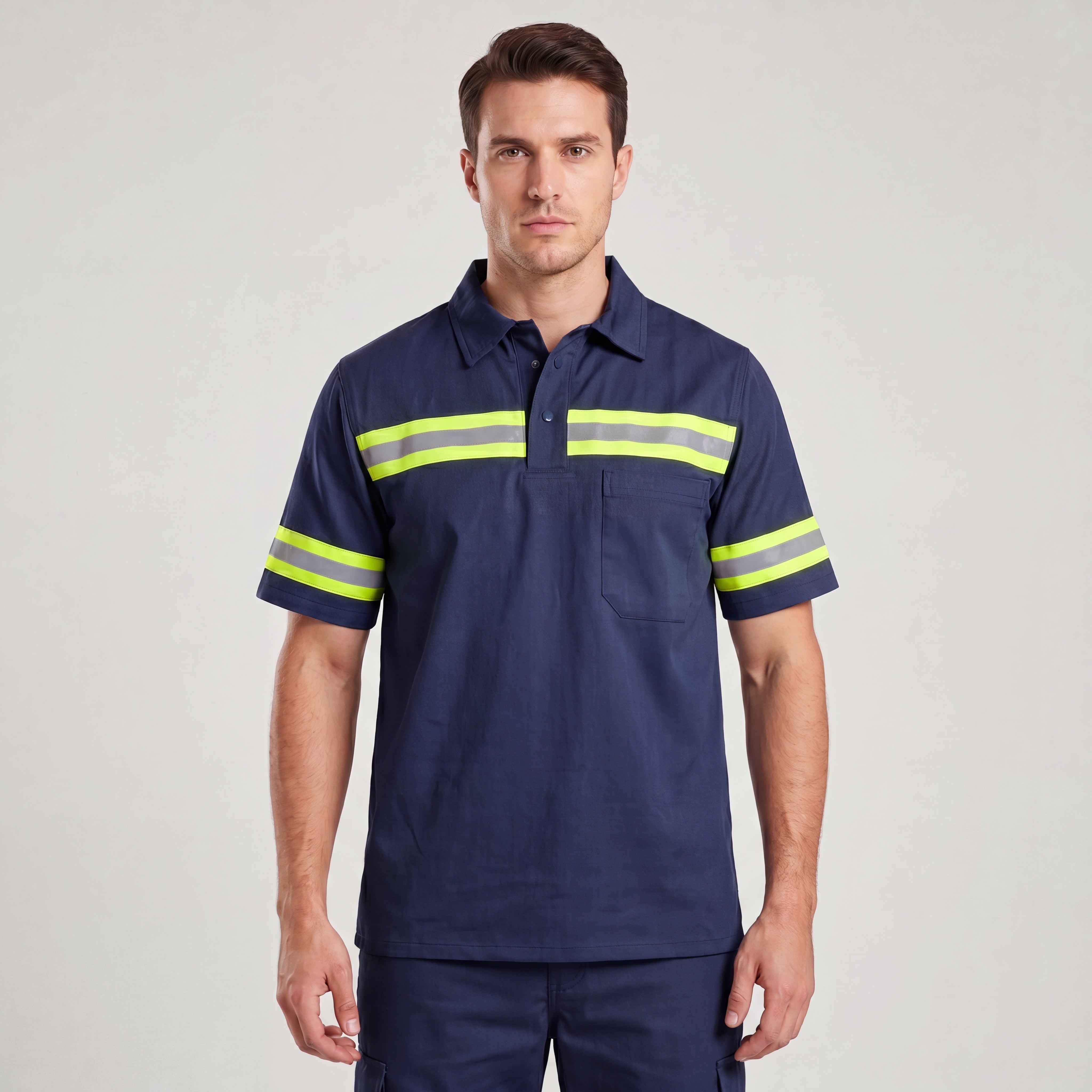 Camisa de brim azul marinho manga curta com faixa refletiva - Mapa Uniformes