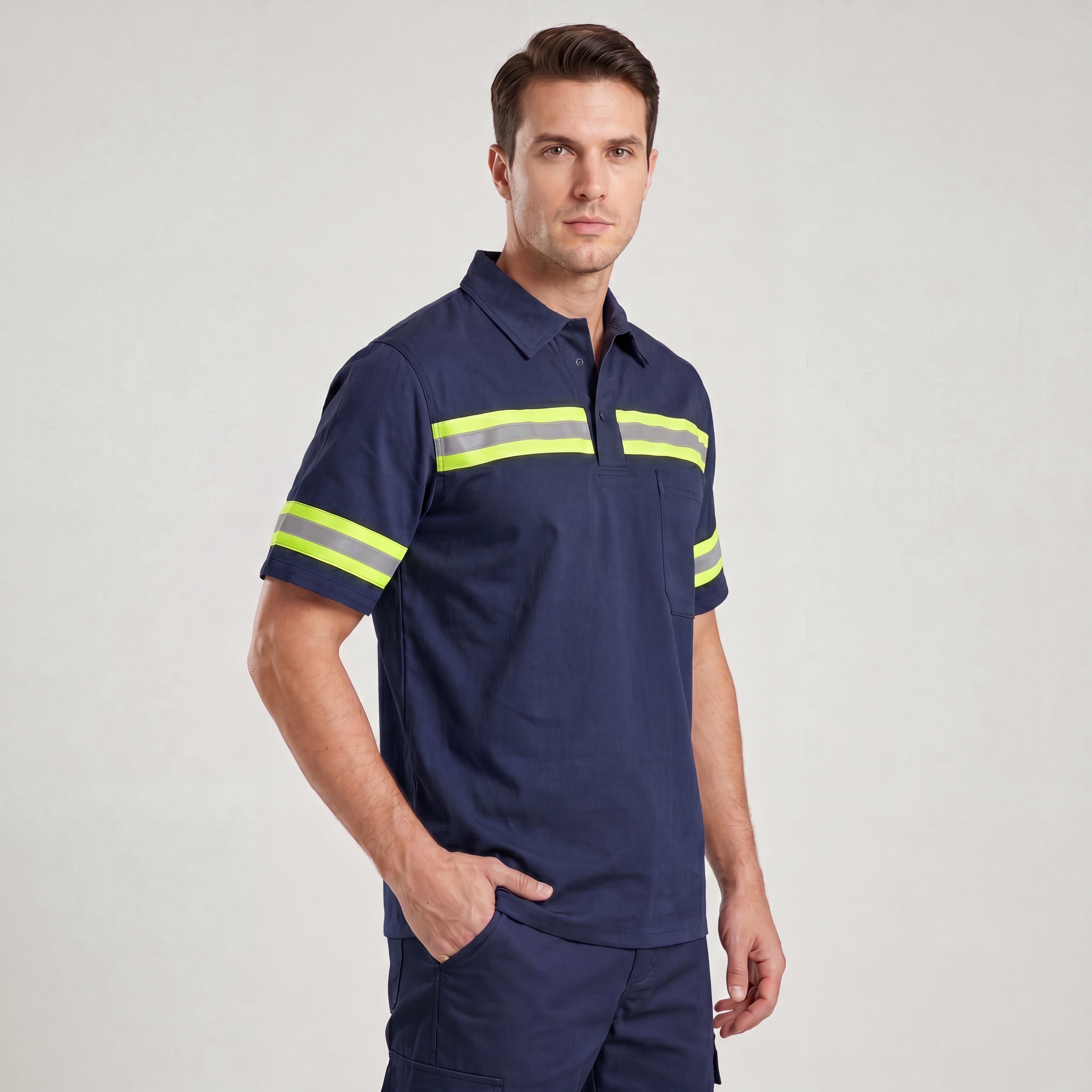 Camisa de brim azul marinho manga curta com faixa refletiva - Mapa Uniformes