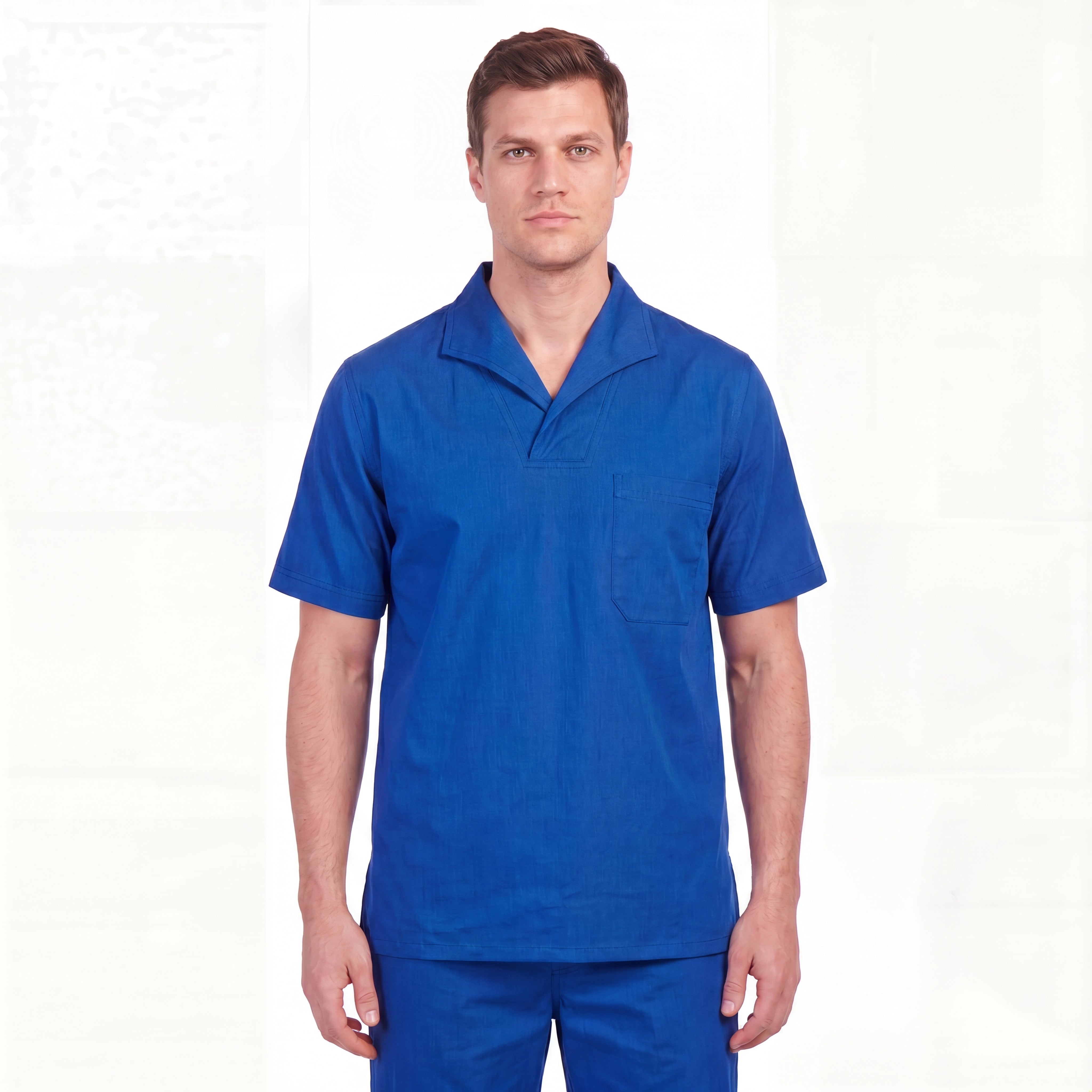 Camisa de brim gola italiana manga curta na cor azul royal - Mapa Uniformes