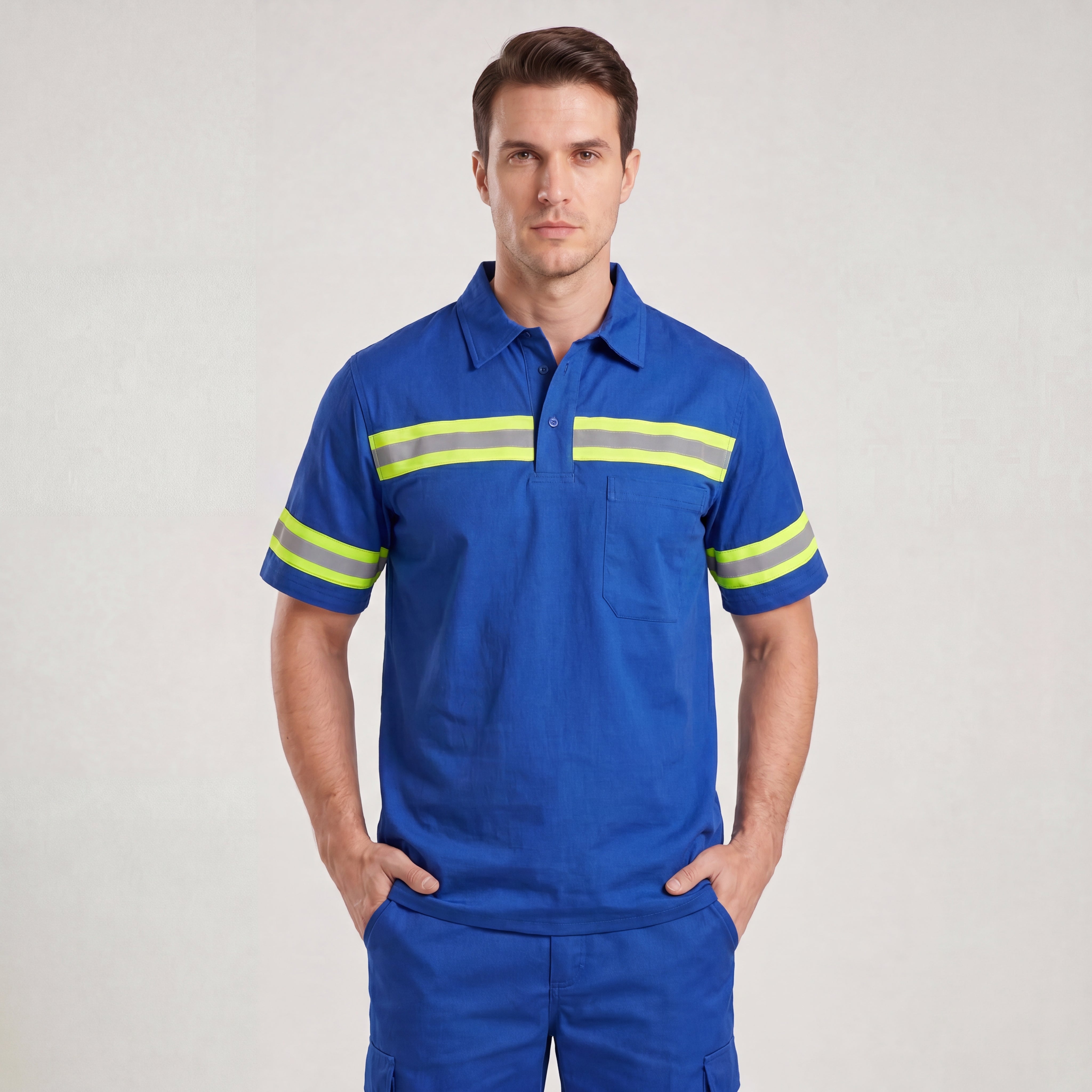 Camisa de brim azul royal manga curta com faixa refletiva - Mapa Uniformes