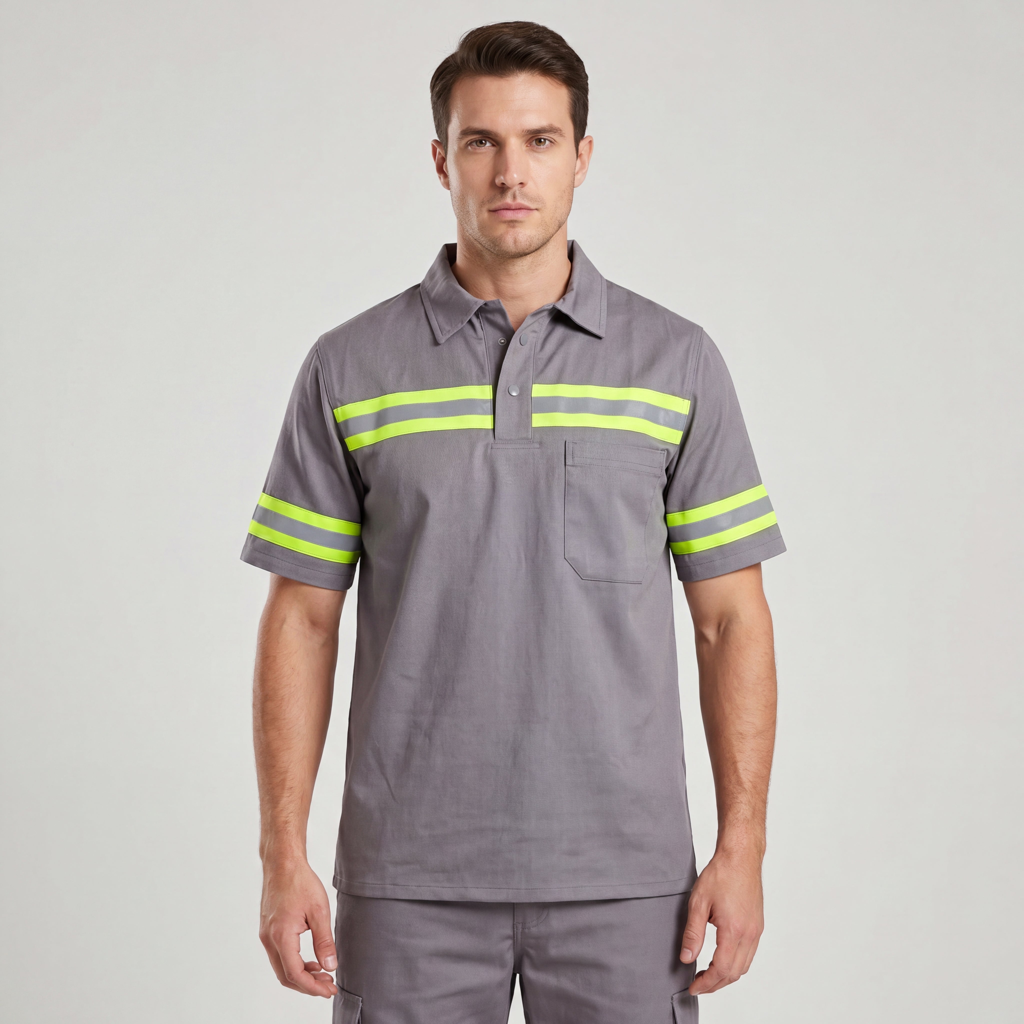 Camisa de brim cinza manga curta com faixa refletiva - Mapa Uniformes