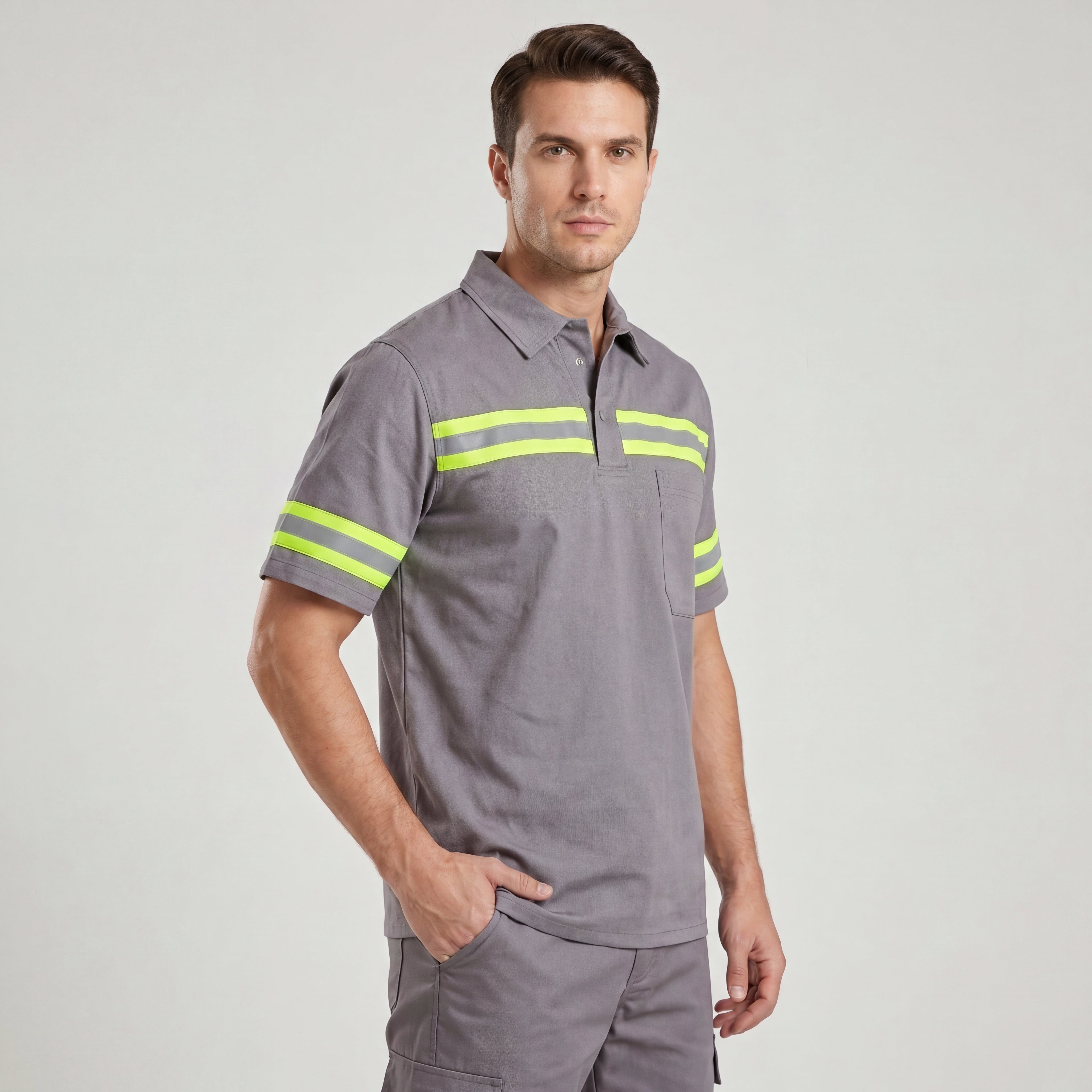 Camisa de brim cinza manga curta com faixa refletiva - Mapa Uniformes